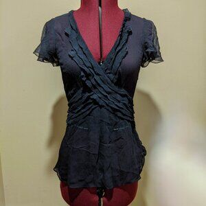 BCBGMaxAzria Semi-Sheer Ruffle Blouse navy blue – Size XS